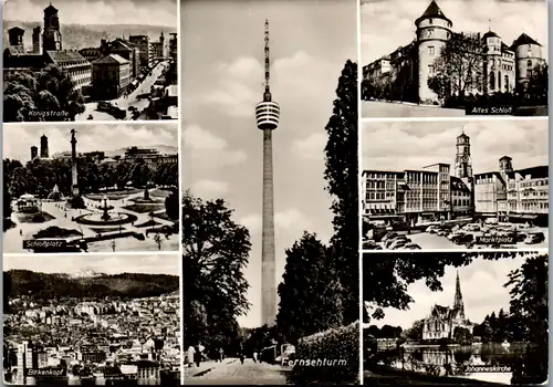 7146 - Deutschland - Stuttgart , Birkenkopf , Schloßplatz , Fernsehturm , Mehrbildkarte - nicht gelaufen