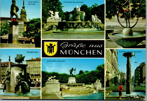 7203 - Deutschland - München , Fischbrunnen , Vater Rhein Brunnen , Weiss Ferdl Brunnen , Karl Valentin , Mehrbildkarte - nicht gelaufen