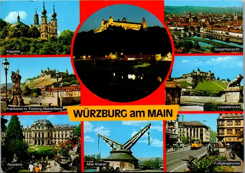 7265 - Deutschland - Würzburg am Main , Käppele , Alter Kranen , Löwenbrücke , Residenz , Mehrbildkarte - gelaufen