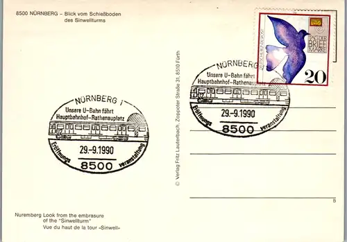 7310 - Deutschland - Nürnberg , Ersttag Stempel , Blick vom Schießboden des Sinwellturms - nicht gelaufen 1990