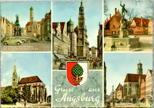 7357 - Deutschland - Augsburg , Karolionenstraße mit Perlach , Herkulesbrunnen , St, Ulrich und AFRA , Fuggerei - gelaufen