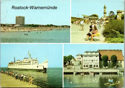 7366 - Deutschland - Warnemünde , Rostock , Blic k von der Westmole zum Hotel Neptun , Fährschiff Warnemünde - gelaufen