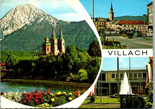 7442 - Kärnten - Villach , Kirche zum heiligen Kreuz und Mittagskogel , Mehrbildkarte - gelaufen