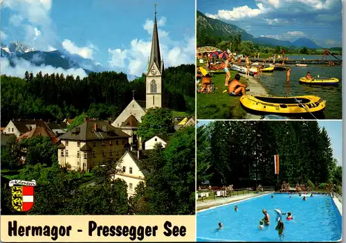 7476 - Kärnten - Hermagor , Pressegger See , Pfarrkirche mit Gartnerkofel , Waldbad Radnig , Mehrbildkarte - gelaufen