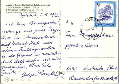 7564 - Steiermark - Ausseer Land , Bad Aussee mit Zinken , Grundlsee mit Backenstein ,Altaussee mit Loser - gelaufen 1982