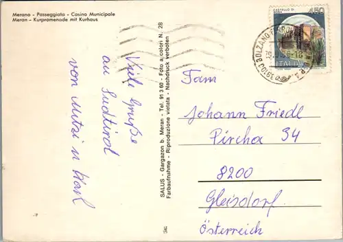 7641 - Italien - Merano , Meran , Passeggiata , Casino Municipale , Kurpromenade , Kurhaus - gelaufen 1986