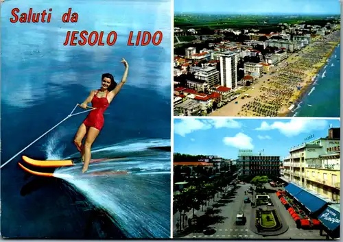 7675 - Italien - Jesolo Lido , Veduta aerea , Piazza Mazzini , Wasserski , Mehrbildkarte - gelaufen 1966