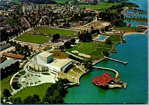 7729 - Vorarlberg - Bregenz am Bodensee , Kongreßhaus , Festspiel Bühne , Schwinnbad , Stadion , Segelhafen - gelaufen 1980