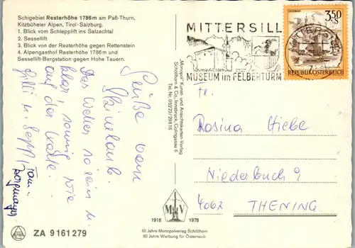 7777 - Tirol - Resterhöhe am Paß Thurn , Kitzbüheler Alpen , Schlepplift , Rettenstein , Mehrbildkarte - gelaufen 1984