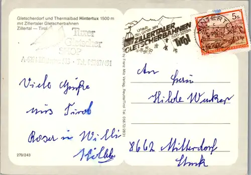 7800 - Tirol - Hintertux , Zillertal , Mehrbildkarte - gelaufen 1991