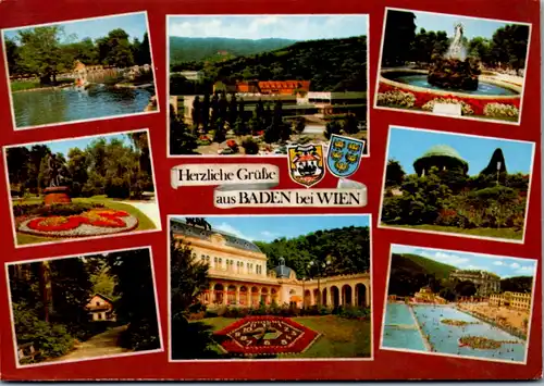 7843 - Niederösterreich - Baden bei Wien , Doblhofpark , Undine Brunnen , Beethoventempel , Mehrbildkarte - gelaufen 1984