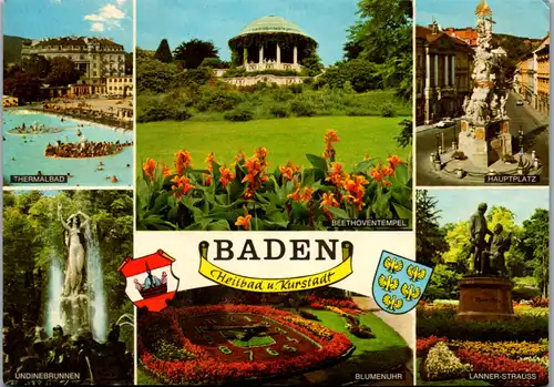 7846 - Niederösterreich - Baden bei Wien , Undine Brunnen , Beethoventempel , Lanner Strauß , Mehrbildkarte - gelaufen