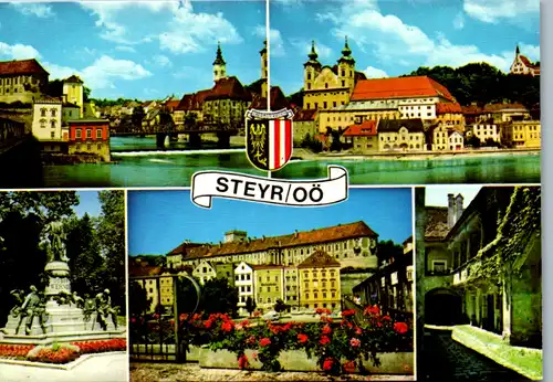 7955 - Oberösterreich - Steyr , Michaelerkirche mit Tabor Restaurant , Josef Werndl Denkmal , Ennskai , Mehrbildkarte - nicht gelaufen