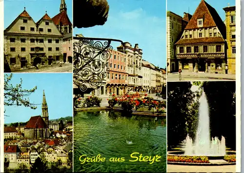 7956 - Oberösterreich - Steyr an der Enns , Leopoldibrunnen , Innerbergstadl , Bummerlhaus , Springbrunnen - nicht gelaufen