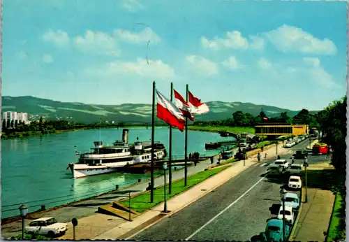 7980 - Oberösterreich - Linz an der Donau , Anlegestelle der DDSG mit Blick in das Mühlviertel , Schaufelraddampfer - gelaufen 1969