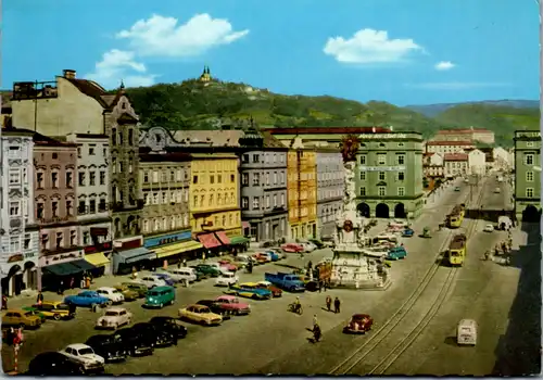 7991 - Oberösterreich - Linz an der Donau , Hauptplatz mit Pöstlingberg , Auto , Straßenbahn - nicht gelaufen