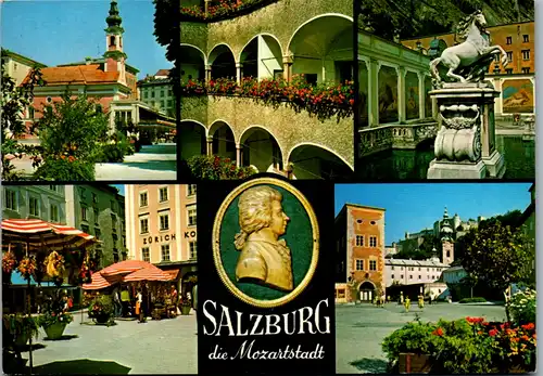 8098 - Salzburg - Salzburg , Kirche St. Michael und Café Glockenspiel , Arkadenhof , Pferdeschwemme am Sigmundsplatz , Mehrbildkarte - gelaufen