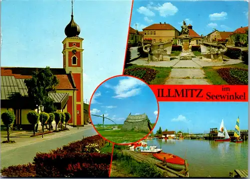 8103 - Burgenland - Illmitz im Seewinkel , Pfarrkirche , St. Bartholomäusquelle , Schiffhütte mit Ziehbrunnen , Bootshafen - gelaufen