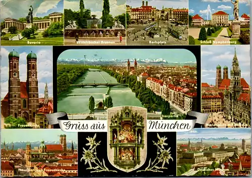 8145 - Deutschland - München , Bavaria , Wittelsbacher Brunnen , Karlsplatz , Theatiner , Mehrbildkarte - gelaufen 1963