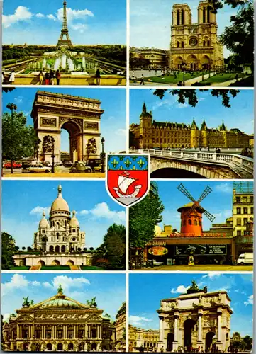 8204 - Frankreich - Paris , Tour Eiffel , Notre Dame , Moulin Rouge , Conciergerie , Mehrbildkarte - gelaufen