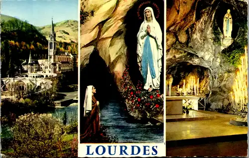 8210 - Frankreich - Lourdes , La Basilique , la Grotte , l' Apparition , Mehrbildkarte - gelaufen 1973