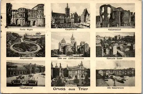 8446 - Deutschland - Trier , Porta Nigra , Hauptbahnhof , Kornmarkt , Kaiserpalast , Amphitheater , Römerbrücke , Mehrbildkarte - gelaufen 1926