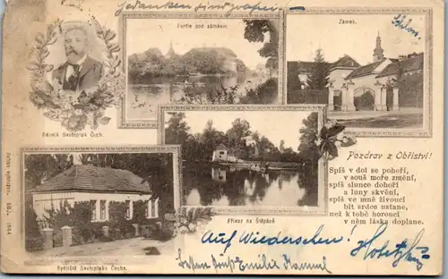 8580 - Tschechische Republik - Obristvi , Pozdrav , Partie pod zamkem , Privoz na Stepane , Mehrbildkarte - gelaufen 1916
