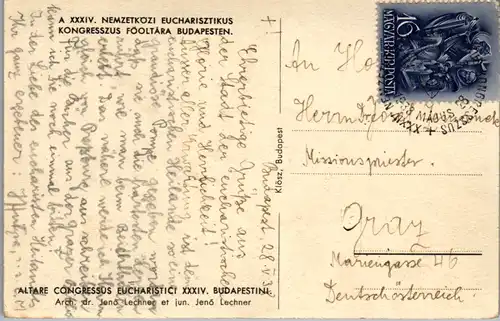 8629 - Künstlerkarte - Ungarn , Budapest , Nemzetközi Eucharisztikus Kongresszus Föoltara Budapesten - gelaufen 1938