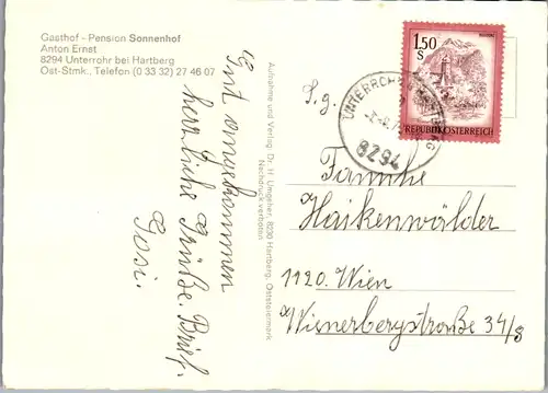 8701 - Steiermark - Unterrohr bei Hartberg , Gasthof Pension Sonnenhof - gelaufen 1978