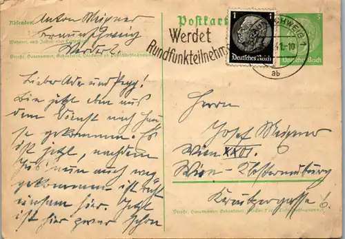 8725 - Wien - Ganzsache mit Zusatzfrankatur , Braunschweig - Wien - gelaufen 1941