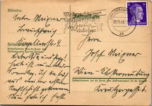 8729 - Wien - Postkarte , Braunschweig - Wien - gelaufen 1942