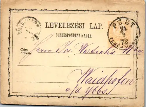 8877 - Niederösterreich - Ganzsache , Pest - Waidhofen an der Ybbs , Budapest - gelaufen 1873