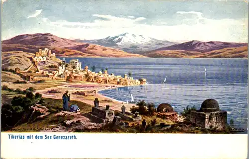 8982 - Israel - Jersusalem , Tiberias mit dem See Genezareth , signiert Friedrich Perlberg  - nicht gelaufen
