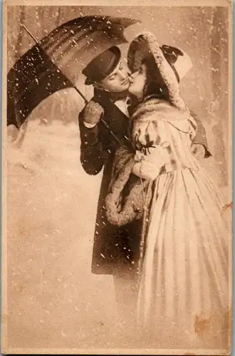 9007 - Motiv - Romantik , Paar im Schneetreiben unter Schirm - gelaufen 1928