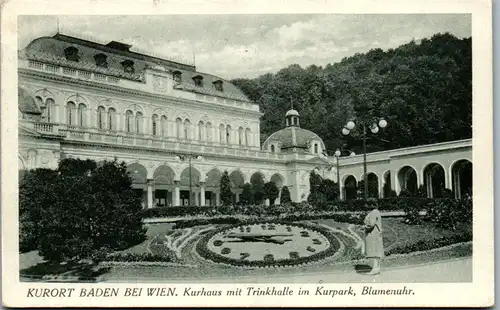 9052 - Niederösterreich - Baden bei Wien , Kurhaus mit Trinkhalle im Kurpark , Blumenuhr - gelaufen 1931