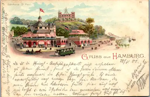 9055 - Deutschland - Gruss aus Hamburg , Fahrhaus St. Pauli , Lithografie - gelaufen 1901