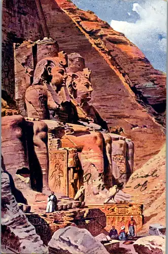 9067 - Künstlerkarte - Ägypten , Les Colosses de Ramses a Abou Simbel , signiert Friedrich Perlberg - gelaufen 1906