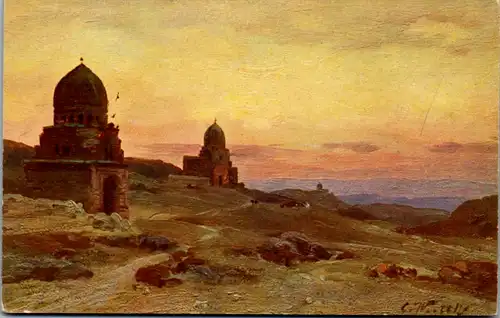 9072 - Künstlerkarte - Ägypten , Kairo , Cairo , Gräber des Kalifen , Les Tombeaux des Califes , signiert Carl Wuttke - nicht gelaufen
