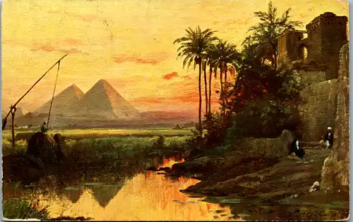 9074 - Künstlerkarte - Ägypten , Les Pyramides de Gizeh , Piramids of Gizeh , signiert Carl Wuttke - gelaufen 1914