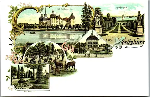 9137 - Deutschland - Moritzburg , Jagdschloss , Hofgarten , Leuchtturm , Reproduktion einer Lithografie - nicht gelaufen