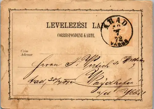 9170 - Ungarn - Ganzsache , Arad - Waidhofen an der Ybbs , Stempel Eisenhändler - gelaufen 1872