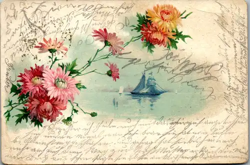 9177 - Motiv - Blumen , Segelschiff , Stempel Jagenbach - gelaufen 1904