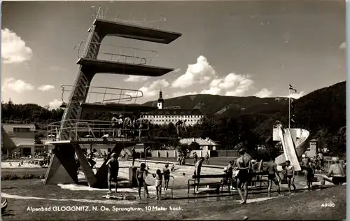 9203 - Niederösterreich - Gloggnitz , Alpenbad , Sprungturm 10 Meter hoch , Freibad , Schwimmbad - nicht gelaufen 1955