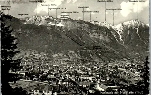 9377 - Tirol - Innsbruck mit Nordkette , Langer Sattel , Kaminspitze , Gleirschspitze , Rumerspitze - gelaufen 1959