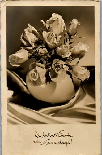 9402 -  - Die besten Wünsche zum Namenstage , Blumen , Rosen , Strauß - gelaufen