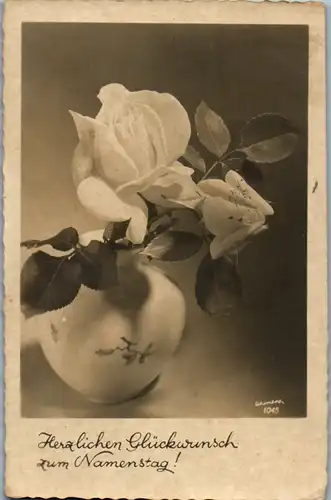 9403 -  - Herzlichen Glückwunsch zum Namenstag , Blumen , Vase , Strauß - gelaufen