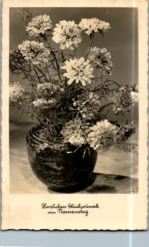 9411 -  - Herzlichen Glückwunsch zum Namenstag , Blumen , Vase , Strauß - gelaufen 1958