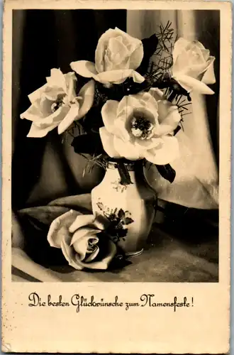 9432 -  - Die besten Glückwünsche zum Namensfeste , Blumen , Rosen , Vase - gelaufen 1936