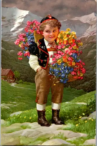 9501 - Künstlerkarte - Knabe mit Blumen in Tracht - gelaufen 1933