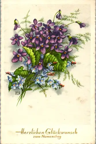9623 -  - Herzlichen Glückwunsch zum Namenstag , Blumen - gelaufen 1960
